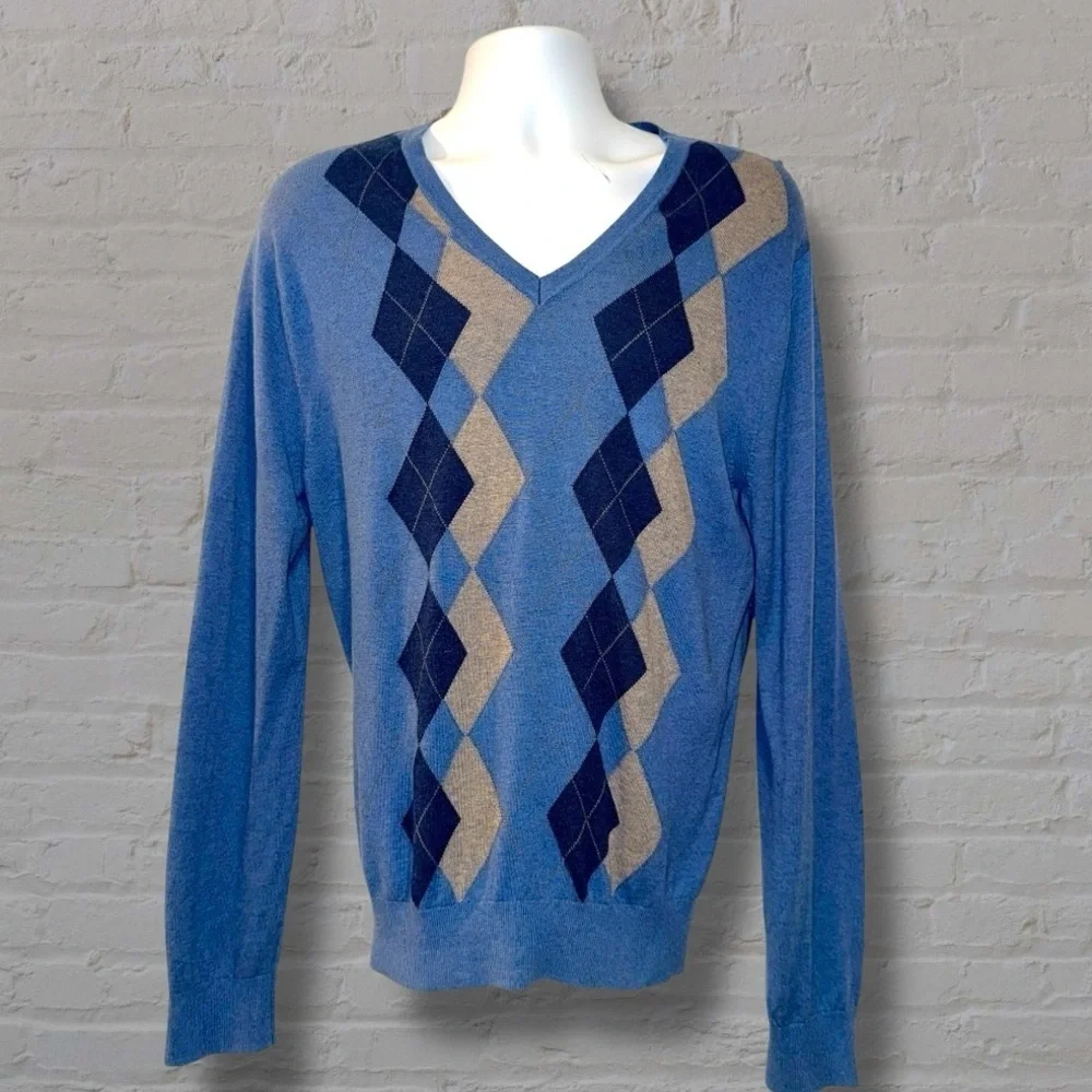 Banana Republic Men’s Silk Cashmere Blend Argyle V-Neck Sweater Blue Size L